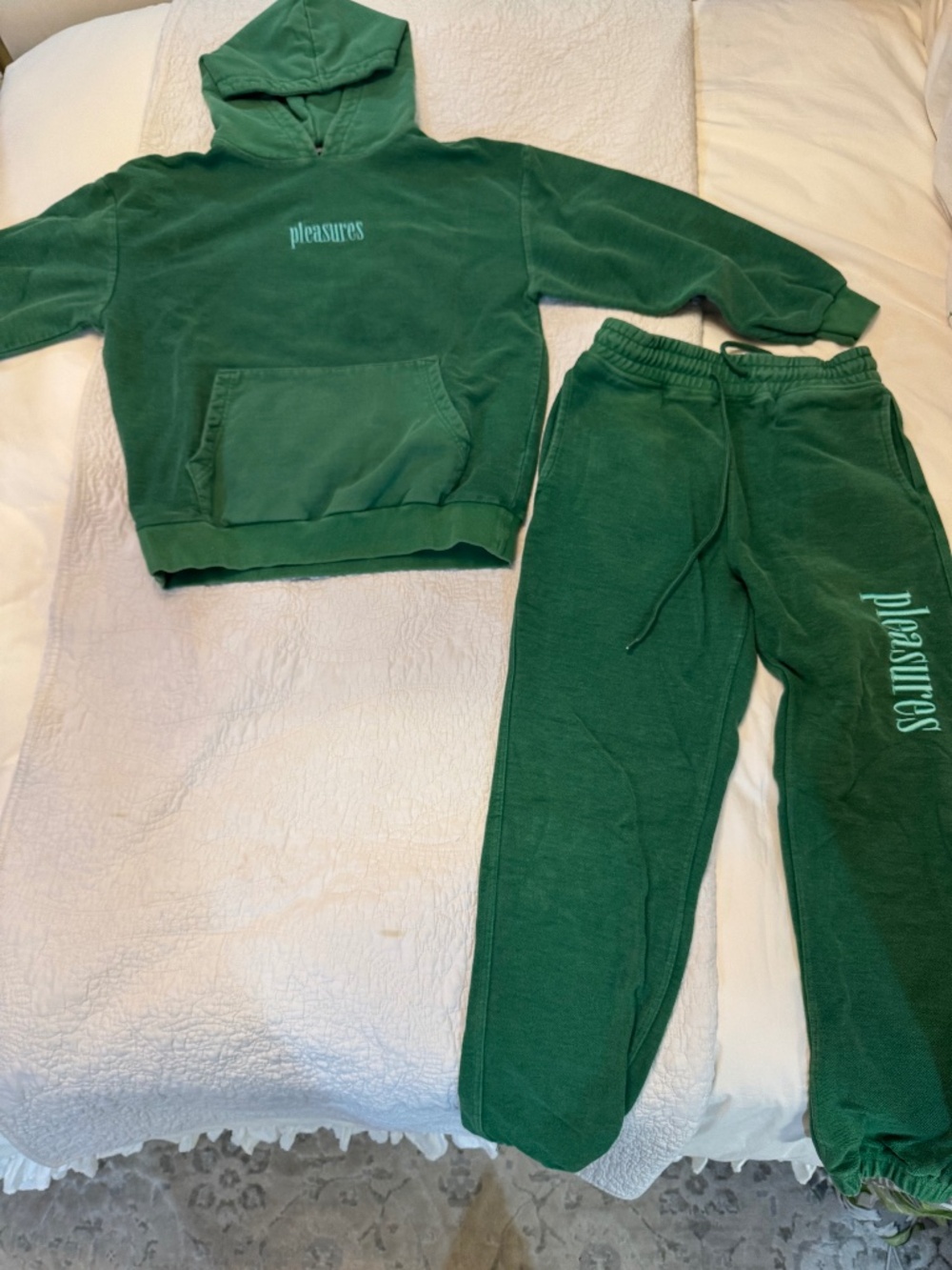 Pleasures Now green hoodie and sweatpants